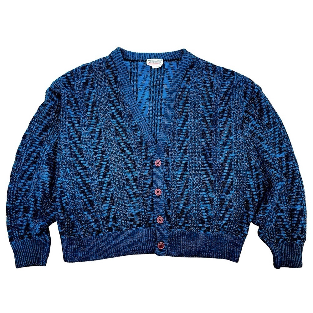 Vintage Randy River Slouchy Cardigan, Button Front, Blue/Black, Made in Canada